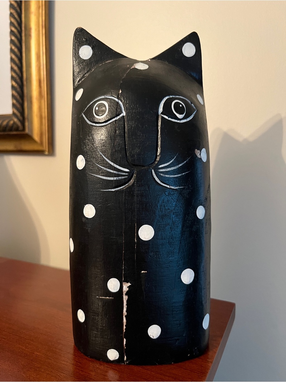 Wooden Folk Art Primitive CAT Figurine Black Polka Dot Spotted Handmade
